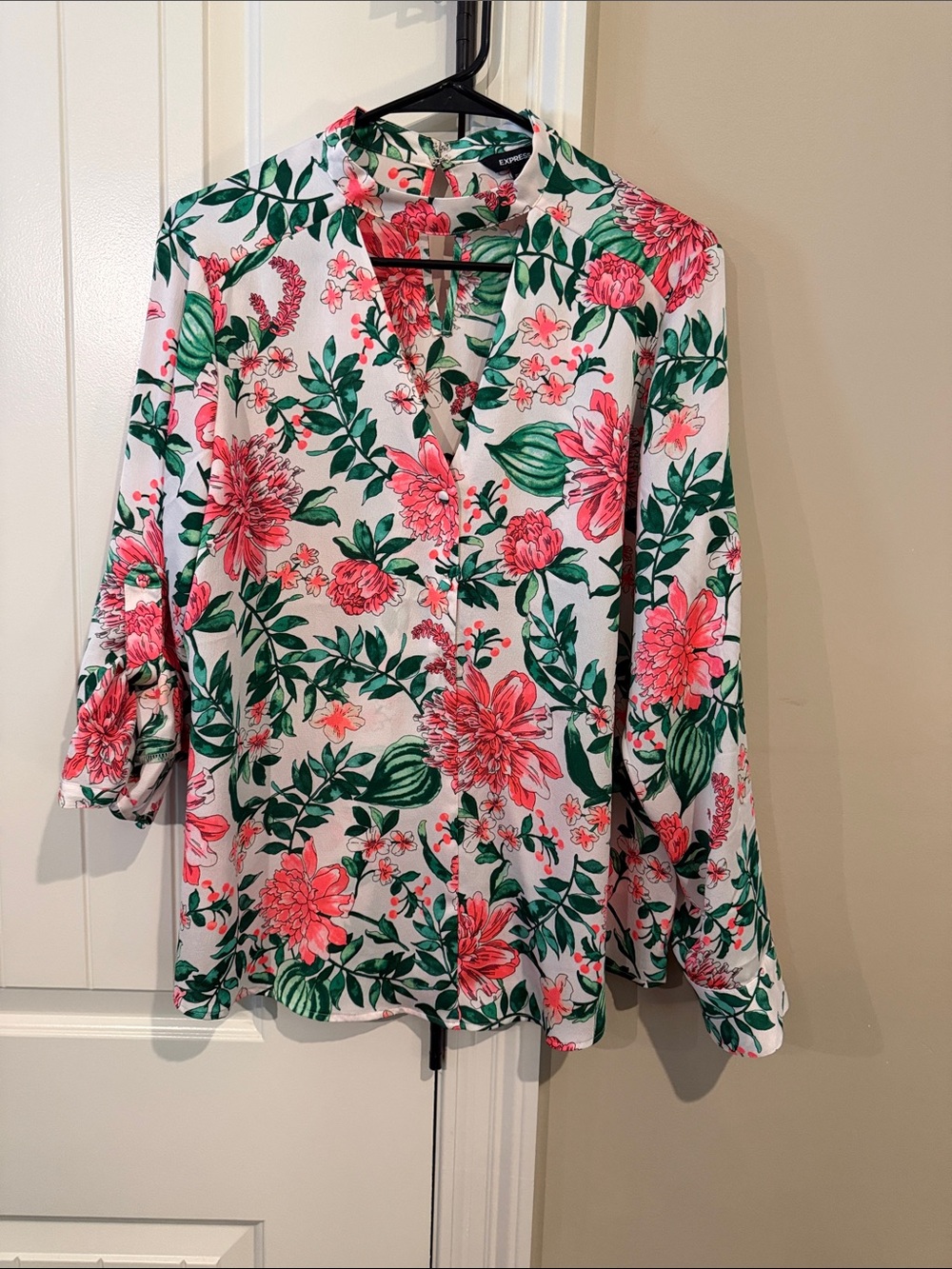 Express White Blouse with Pink Floral & Green Leaf Print